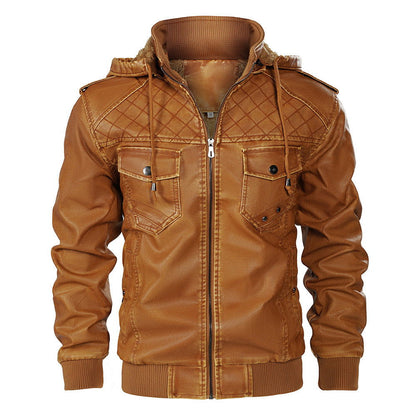 Hooded Leather Jacket Fleece-lined Men's Autumn And Winter New - CHRISTDEST GLOBAL SERVICE