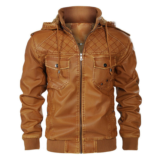 Hooded Leather Jacket Fleece-lined Men's Autumn And Winter New - CHRISTDEST GLOBAL SERVICE