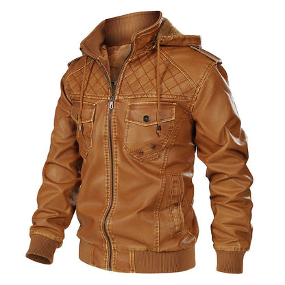 Hooded Leather Jacket Fleece-lined Men's Autumn And Winter New - CHRISTDEST GLOBAL SERVICE