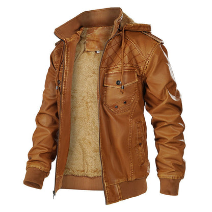 Hooded Leather Jacket Fleece-lined Men's Autumn And Winter New - CHRISTDEST GLOBAL SERVICE