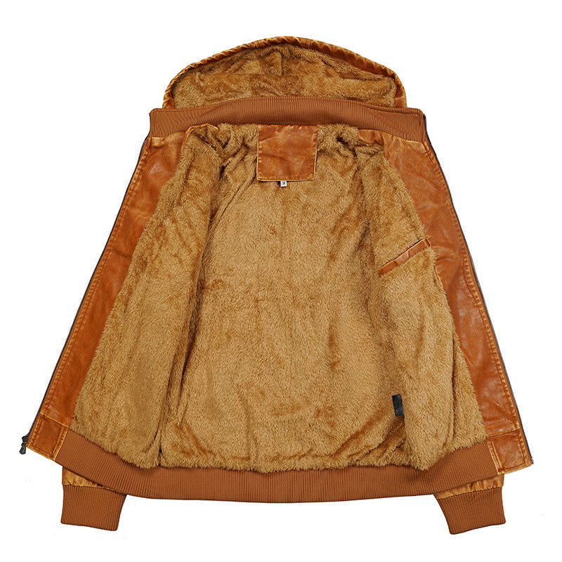 Hooded Leather Jacket Fleece-lined Men's Autumn And Winter New - CHRISTDEST GLOBAL SERVICE