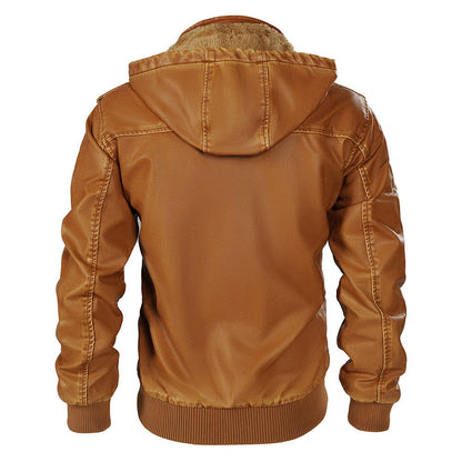 Hooded Leather Jacket Fleece-lined Men's Autumn And Winter New - CHRISTDEST GLOBAL SERVICE