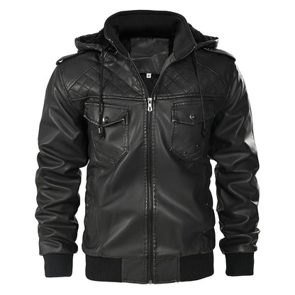 Hooded Leather Jacket Fleece-lined Men's Autumn And Winter New - CHRISTDEST GLOBAL SERVICE