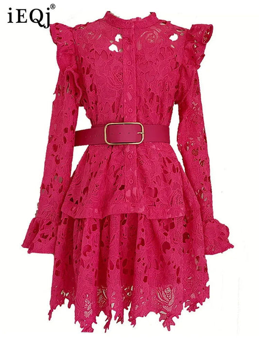 IEQJ Solid Lace Embroidered Hollowed Out Wooden Ear Edge Dresses For Women Long Sleeve Stand Collar Dress Female Clothes 3WQ9645 - CHRISTDEST GLOBAL SERVICE