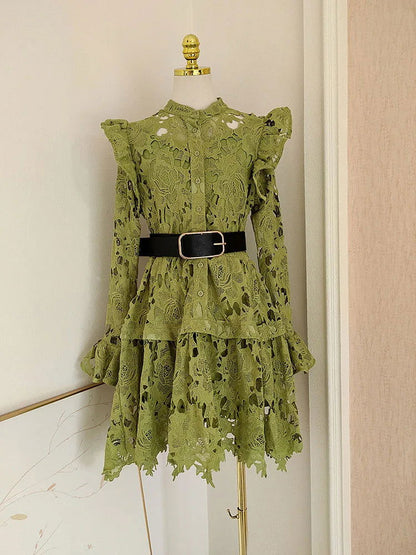 IEQJ Solid Lace Embroidered Hollowed Out Wooden Ear Edge Dresses For Women Long Sleeve Stand Collar Dress Female Clothes 3WQ9645 - CHRISTDEST GLOBAL SERVICE