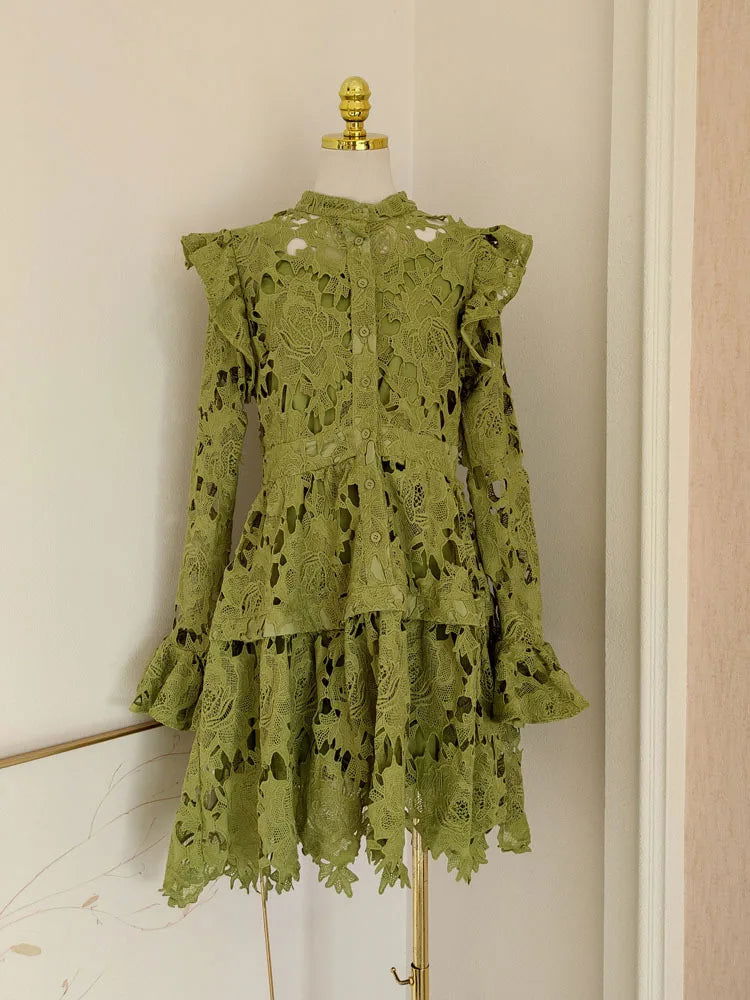 IEQJ Solid Lace Embroidered Hollowed Out Wooden Ear Edge Dresses For Women Long Sleeve Stand Collar Dress Female Clothes 3WQ9645 - CHRISTDEST GLOBAL SERVICE