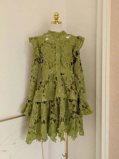 IEQJ Solid Lace Embroidered Hollowed Out Wooden Ear Edge Dresses For Women Long Sleeve Stand Collar Dress Female Clothes 3WQ9645 - CHRISTDEST GLOBAL SERVICE