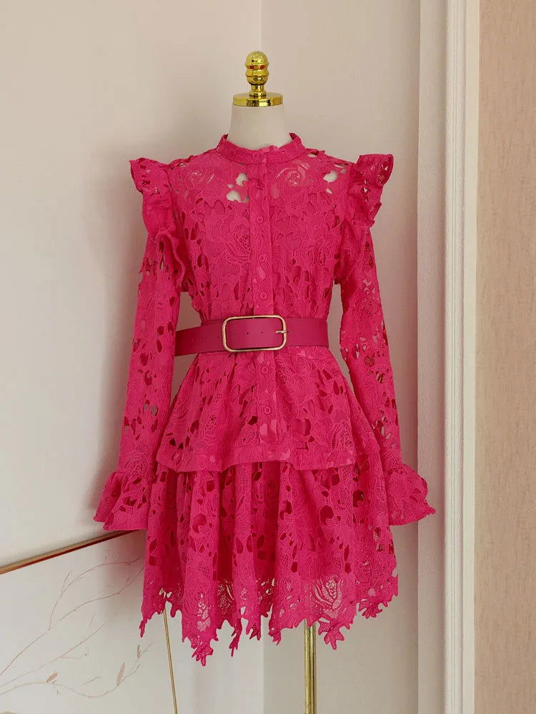 IEQJ Solid Lace Embroidered Hollowed Out Wooden Ear Edge Dresses For Women Long Sleeve Stand Collar Dress Female Clothes 3WQ9645 - CHRISTDEST GLOBAL SERVICE