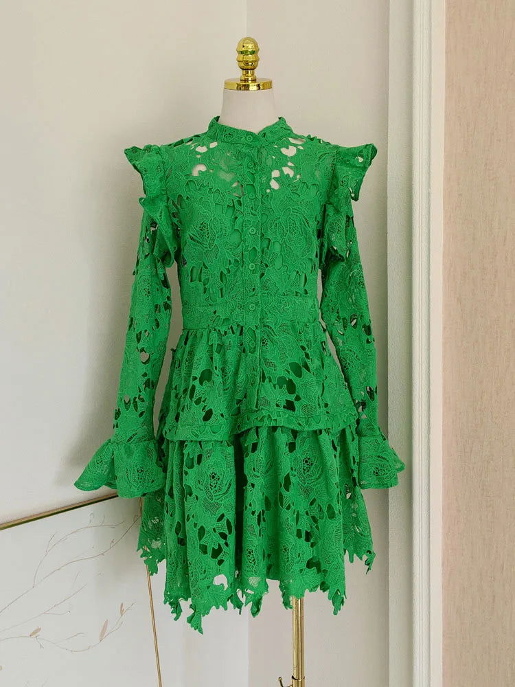 IEQJ Solid Lace Embroidered Hollowed Out Wooden Ear Edge Dresses For Women Long Sleeve Stand Collar Dress Female Clothes 3WQ9645 - CHRISTDEST GLOBAL SERVICE
