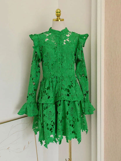 IEQJ Solid Lace Embroidered Hollowed Out Wooden Ear Edge Dresses For Women Long Sleeve Stand Collar Dress Female Clothes 3WQ9645 - CHRISTDEST GLOBAL SERVICE