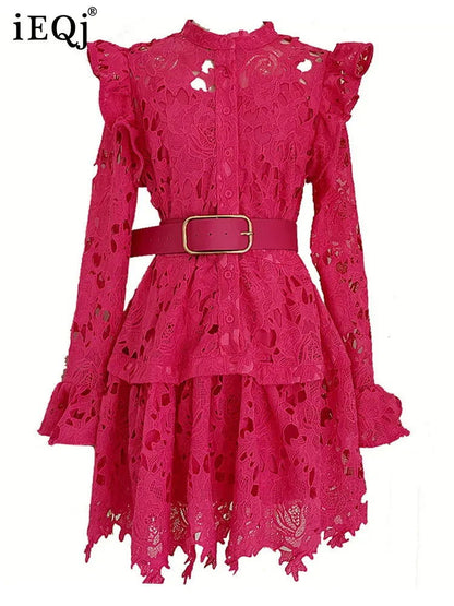 IEQJ Solid Lace Embroidered Hollowed Out Wooden Ear Edge Dresses For Women Long Sleeve Stand Collar Dress Female Clothes 3WQ9645 - CHRISTDEST GLOBAL SERVICE