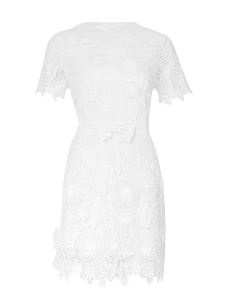 KBQ Embroidery Hollow Out Irregular Hem Dress For Women Round Neck Short Sleeve Spliced Bow Mini Solid Elegant Dress Female New - CHRISTDEST GLOBAL SERVICE