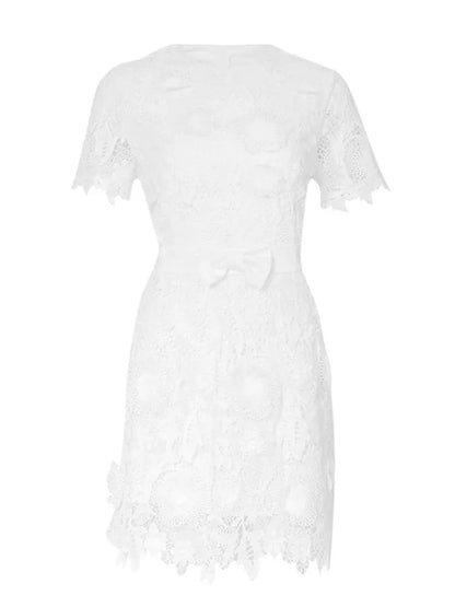 KBQ Embroidery Hollow Out Irregular Hem Dress For Women Round Neck Short Sleeve Spliced Bow Mini Solid Elegant Dress Female New - CHRISTDEST GLOBAL SERVICE