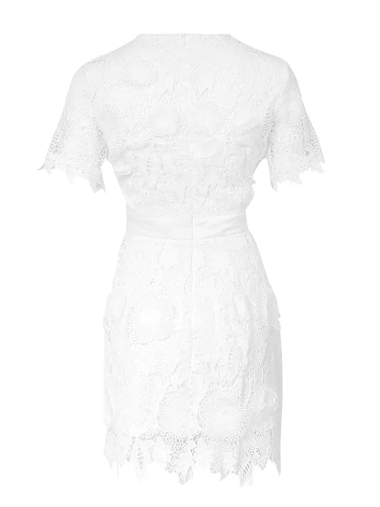 KBQ Embroidery Hollow Out Irregular Hem Dress For Women Round Neck Short Sleeve Spliced Bow Mini Solid Elegant Dress Female New - CHRISTDEST GLOBAL SERVICE