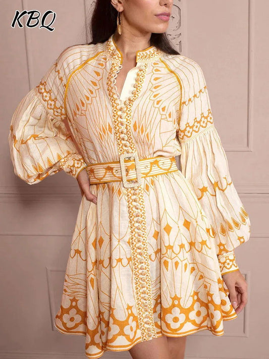KBQ Patchwork Belt Elegant Dresses For Women Stand Collar Lantern Sleeve High Waist Spliced Button Dress Female Fashion Clothes - CHRISTDEST GLOBAL SERVICE