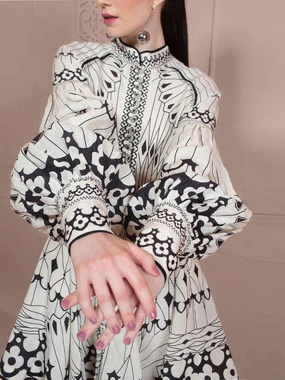 KBQ Patchwork Belt Elegant Dresses For Women Stand Collar Lantern Sleeve High Waist Spliced Button Dress Female Fashion Clothes - CHRISTDEST GLOBAL SERVICE