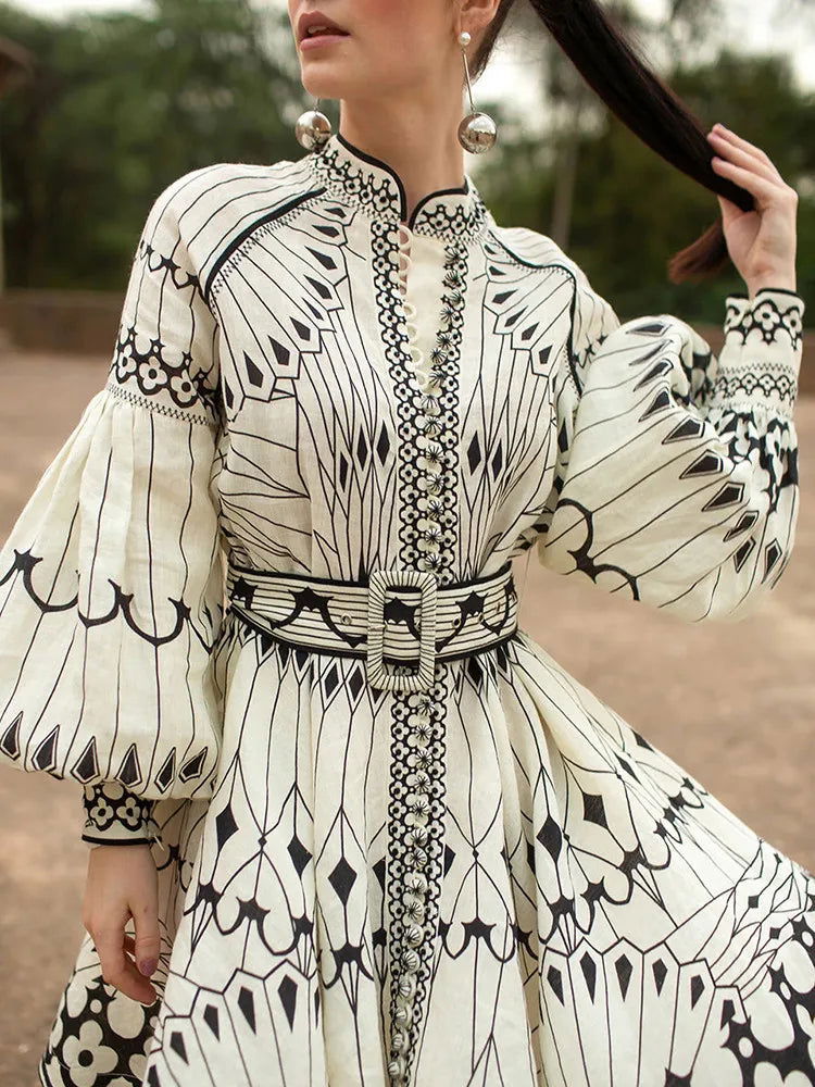 KBQ Patchwork Belt Elegant Dresses For Women Stand Collar Lantern Sleeve High Waist Spliced Button Dress Female Fashion Clothes - CHRISTDEST GLOBAL SERVICE