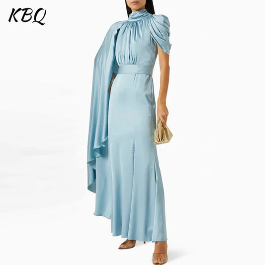 KBQ Solid Spliced Folds Elegant Dress For Women Stand Collar One Shoulder Sleeve High Waist Temperament Dresses Female Fashion - CHRISTDEST GLOBAL SERVICE