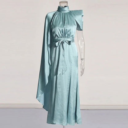 KBQ Solid Spliced Folds Elegant Dress For Women Stand Collar One Shoulder Sleeve High Waist Temperament Dresses Female Fashion - CHRISTDEST GLOBAL SERVICE