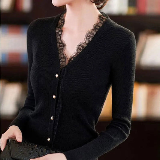 Korean Solid Color Slim Knitted Cardigan Women's Clothing Single-breasted Spring Autumn Fashion Elegant Lace Spliced Sweaters - CHRISTDEST GLOBAL SERVICE