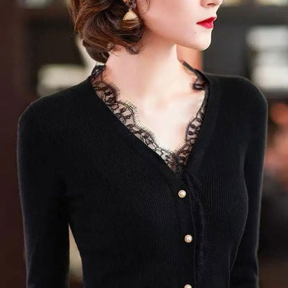 Korean Solid Color Slim Knitted Cardigan Women's Clothing Single-breasted Spring Autumn Fashion Elegant Lace Spliced Sweaters - CHRISTDEST GLOBAL SERVICE