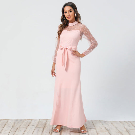 Ladies Lace Long Sleeve Round Neck Tie Dress - CHRISTDEST GLOBAL SERVICE