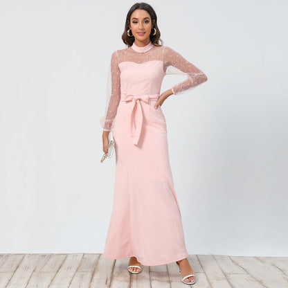 Ladies Lace Long Sleeve Round Neck Tie Dress - CHRISTDEST GLOBAL SERVICE