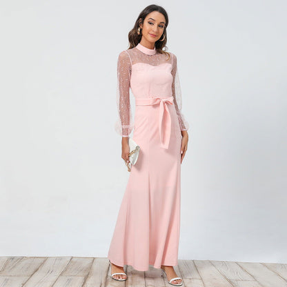 Ladies Lace Long Sleeve Round Neck Tie Dress - CHRISTDEST GLOBAL SERVICE