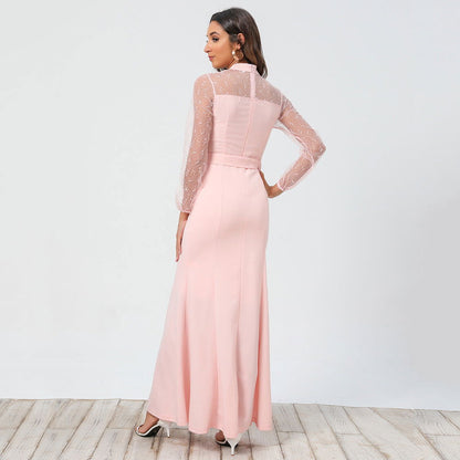 Ladies Lace Long Sleeve Round Neck Tie Dress - CHRISTDEST GLOBAL SERVICE