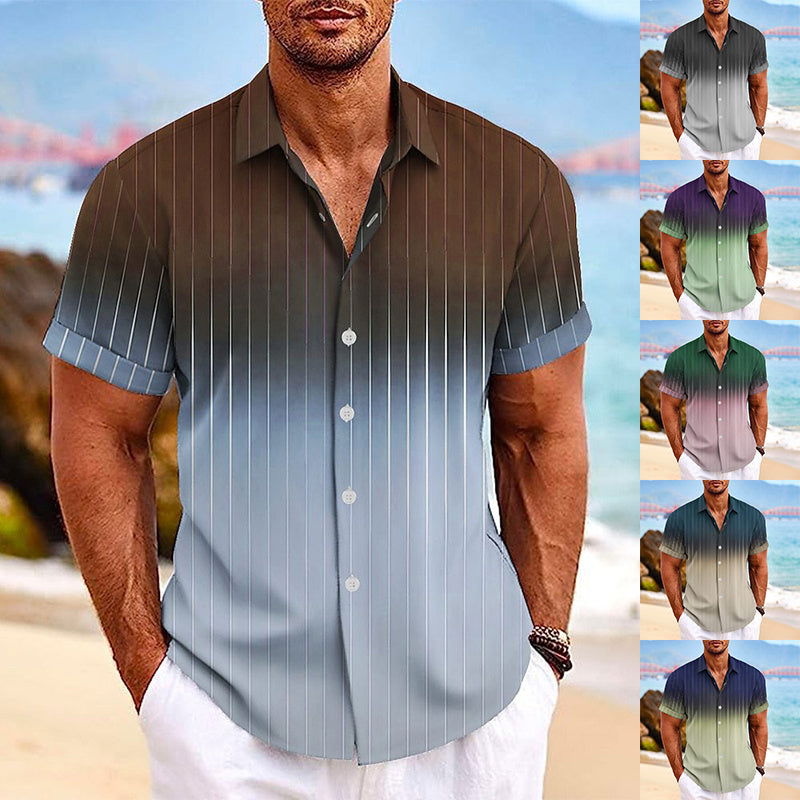 Lapel Button Short-sleeved Shirt Summer Fashion Gradient Striped Print Beach Shirt Leisure Tops Men's Clothing - CHRISTDEST GLOBAL SERVICE