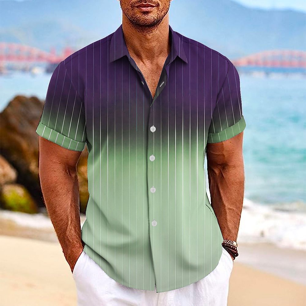 Lapel Button Short-sleeved Shirt Summer Fashion Gradient Striped Print Beach Shirt Leisure Tops Men's Clothing - CHRISTDEST GLOBAL SERVICE