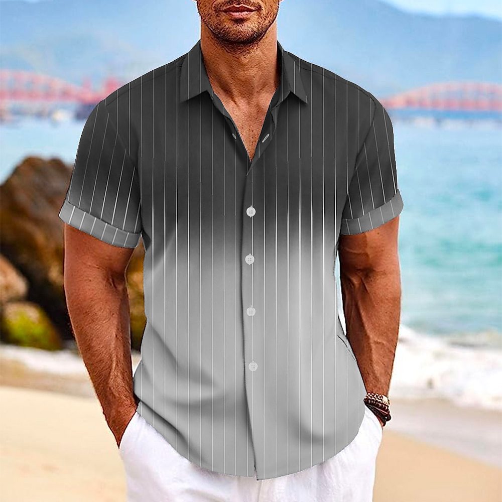 Lapel Button Short-sleeved Shirt Summer Fashion Gradient Striped Print Beach Shirt Leisure Tops Men's Clothing - CHRISTDEST GLOBAL SERVICE
