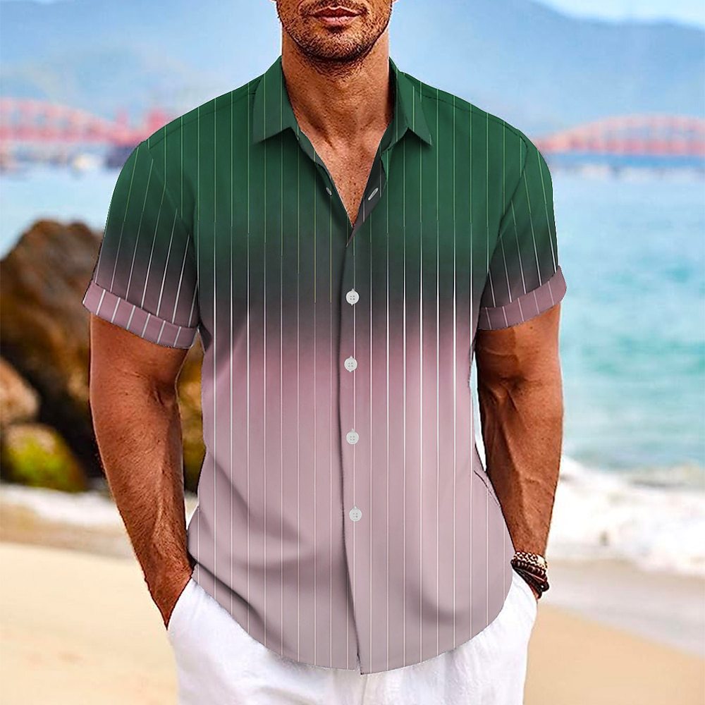 Lapel Button Short-sleeved Shirt Summer Fashion Gradient Striped Print Beach Shirt Leisure Tops Men's Clothing - CHRISTDEST GLOBAL SERVICE