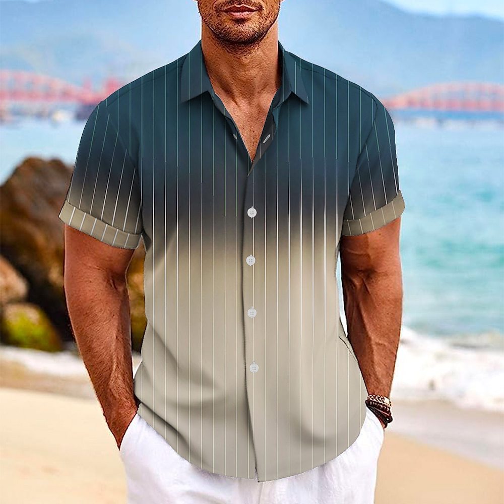 Lapel Button Short-sleeved Shirt Summer Fashion Gradient Striped Print Beach Shirt Leisure Tops Men's Clothing - CHRISTDEST GLOBAL SERVICE