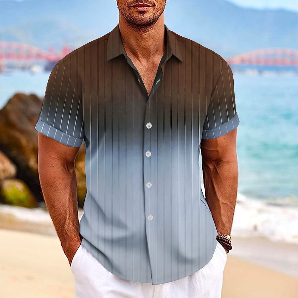 Lapel Button Short-sleeved Shirt Summer Fashion Gradient Striped Print Beach Shirt Leisure Tops Men's Clothing - CHRISTDEST GLOBAL SERVICE