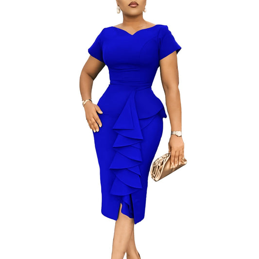 Large size women's fashion, solid color, ruffle edge splicing, temperament, commuting, professional bag, hip skirt, dress for women - CHRISTDEST GLOBAL SERVICE