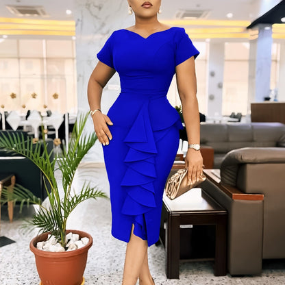 Large size women's fashion, solid color, ruffle edge splicing, temperament, commuting, professional bag, hip skirt, dress for women - CHRISTDEST GLOBAL SERVICE
