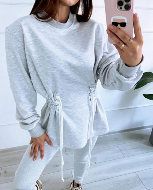 Light Gray Threaded Round Neck Long Sleeved Drawstring Waist Design, New Lantern Sleeve Casual Versatile Sportswear Sweatshirt - CHRISTDEST GLOBAL SERVICE