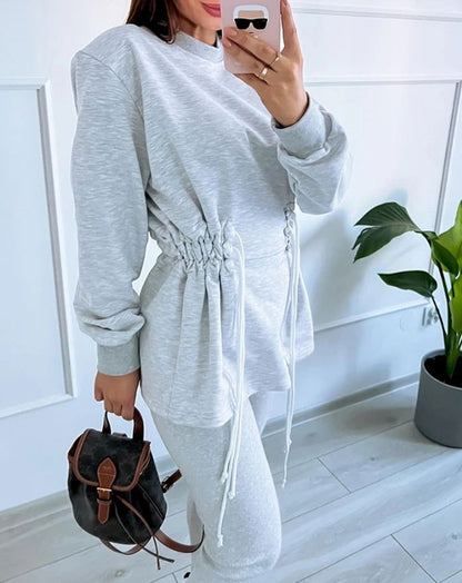 Light Gray Threaded Round Neck Long Sleeved Drawstring Waist Design, New Lantern Sleeve Casual Versatile Sportswear Sweatshirt - CHRISTDEST GLOBAL SERVICE