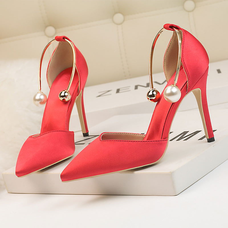 Low-cut Satin Hollow-out Pointed Toe Nightclub Metal Strap Sandals - CHRISTDEST GLOBAL SERVICE