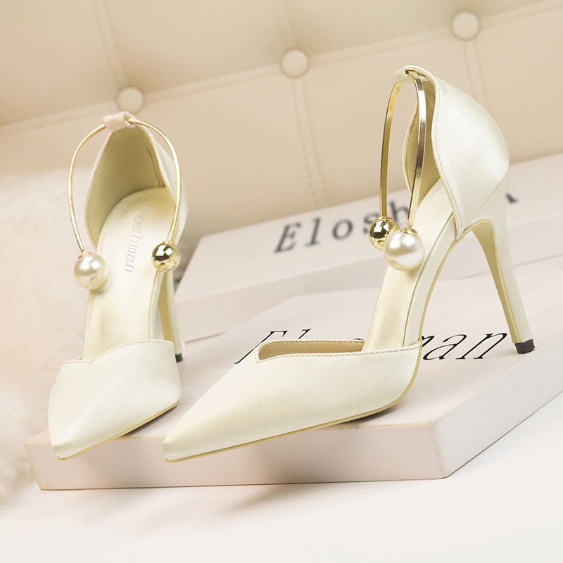 Low-cut Satin Hollow-out Pointed Toe Nightclub Metal Strap Sandals - CHRISTDEST GLOBAL SERVICE