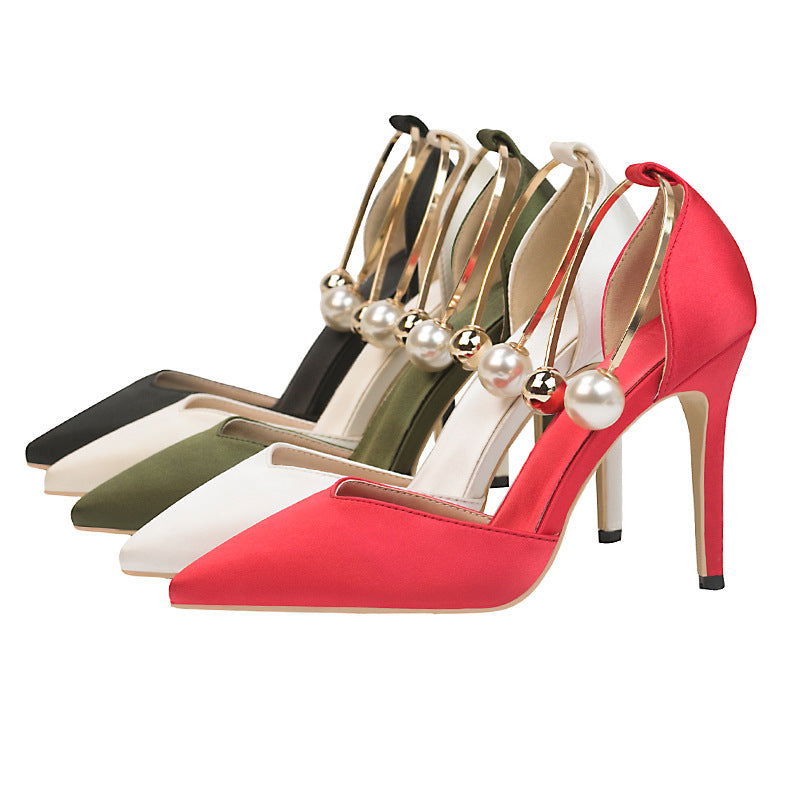 Low-cut Satin Hollow-out Pointed Toe Nightclub Metal Strap Sandals - CHRISTDEST GLOBAL SERVICE