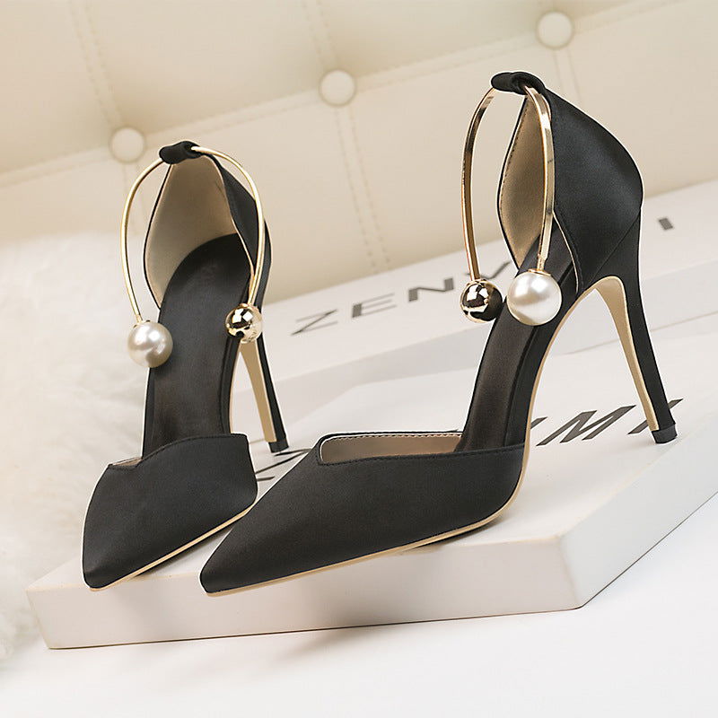 Low-cut Satin Hollow-out Pointed Toe Nightclub Metal Strap Sandals - CHRISTDEST GLOBAL SERVICE
