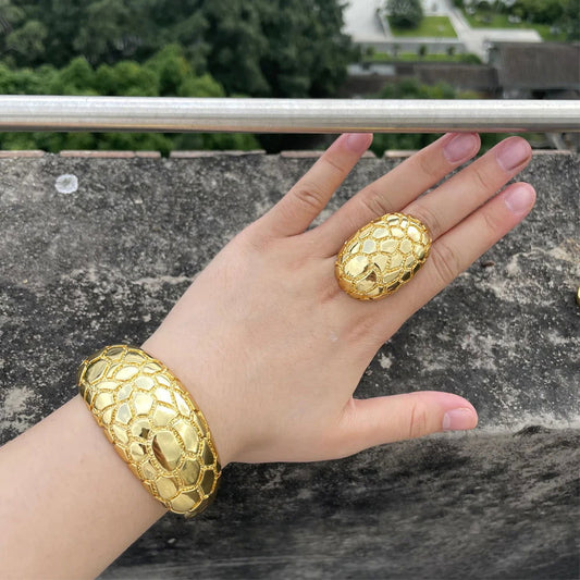 Luxury Dubai Gold Plated Bracelet Ring Copper Cuff Flower Bangle Italy France Women Adjustable Ring Exquisite Wedding Jewelry - CHRISTDEST GLOBAL SERVICE
