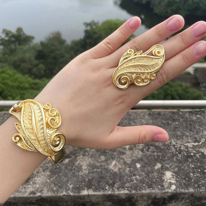 Luxury Dubai Gold Plated Bracelet Ring Copper Cuff Flower Bangle Italy France Women Adjustable Ring Exquisite Wedding Jewelry - CHRISTDEST GLOBAL SERVICE