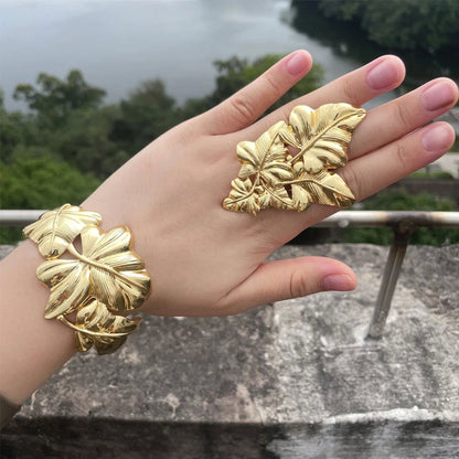 Luxury Dubai Gold Plated Bracelet Ring Copper Cuff Flower Bangle Italy France Women Adjustable Ring Exquisite Wedding Jewelry - CHRISTDEST GLOBAL SERVICE