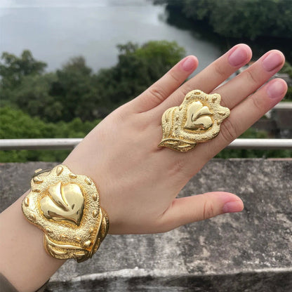 Luxury Dubai Gold Plated Bracelet Ring Copper Cuff Flower Bangle Italy France Women Adjustable Ring Exquisite Wedding Jewelry - CHRISTDEST GLOBAL SERVICE