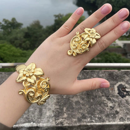 Luxury Dubai Gold Plated Bracelet Ring Copper Cuff Flower Bangle Italy France Women Adjustable Ring Exquisite Wedding Jewelry - CHRISTDEST GLOBAL SERVICE