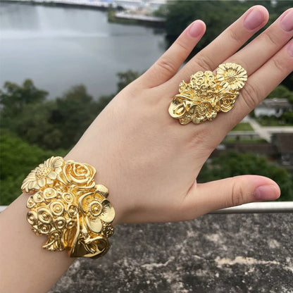 Luxury Dubai Gold Plated Bracelet Ring Copper Cuff Flower Bangle Italy France Women Adjustable Ring Exquisite Wedding Jewelry - CHRISTDEST GLOBAL SERVICE