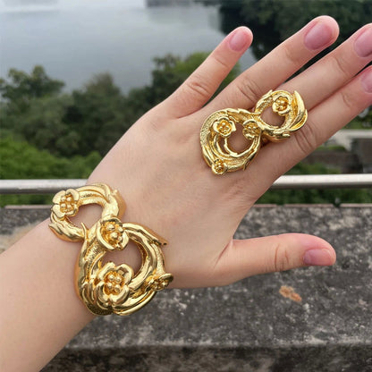 Luxury Dubai Gold Plated Bracelet Ring Copper Cuff Flower Bangle Italy France Women Adjustable Ring Exquisite Wedding Jewelry - CHRISTDEST GLOBAL SERVICE